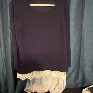 AB Studio Navy Blue Top with White Lace Hem